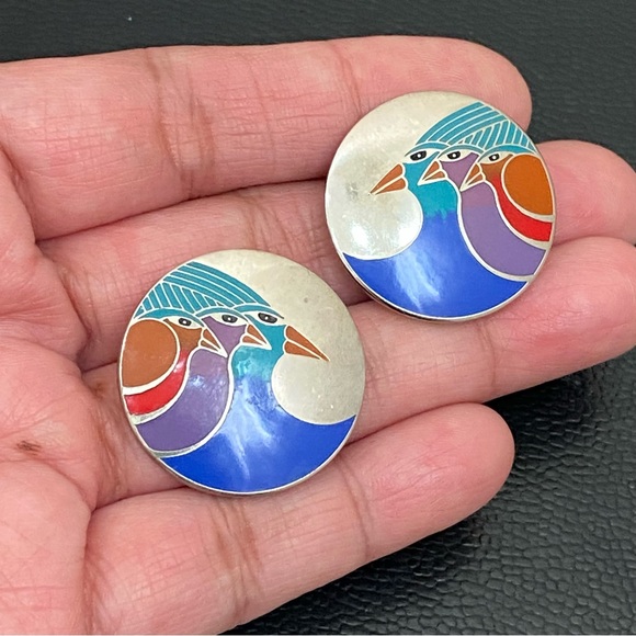 LAUREL BURCH Signed Celestial Birds Enamel Silver-tone Round Post Earrings 11.6g - Picture 7 of 12